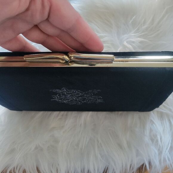 Elegant Black Clutch with Gold Clasp and Silver Roses Print - Picture 8 of 10